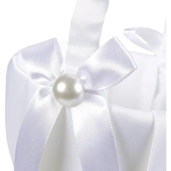 White Flower Girl Basket with Satin Bowknot & Pearl Design 8 x 5.2 x 6 Inch, Flower Petal Basket Ideal for Wedding Party, Elegant Ceremony Accessories, For Ages 3-4 {6}