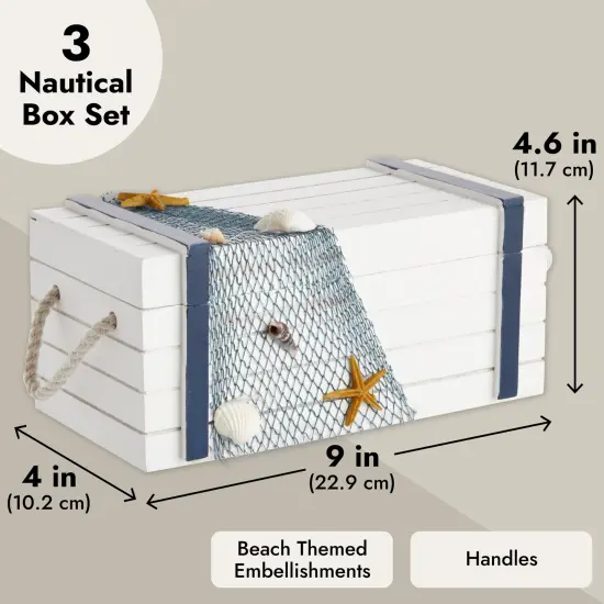 Nautical Box Set, Beach Theme Wooden Jewelry Boxes for Ocean Decor (3 Sizes) Grey {3}