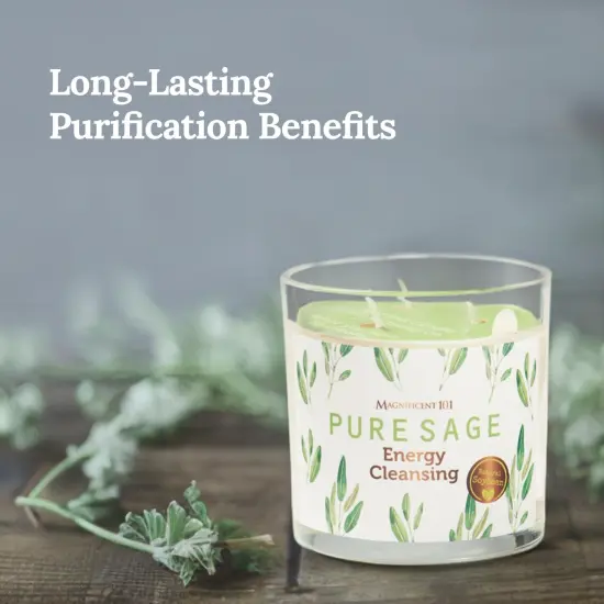 Magnificent 101 Pure Sage Energy Cleansing Aromatherapy Glass Candle for Meditation, Manifestation, and Intention-Setting - 14.5 oz Natural Soy Wax and Essential Oil | 56-Hour Burn Time Green {2}