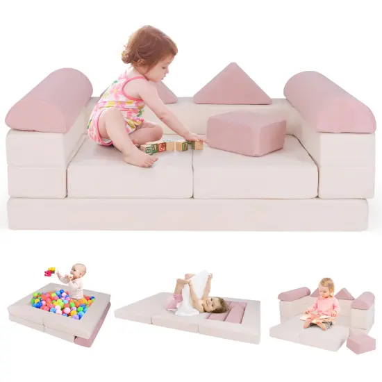 Suede Fabric Convertible Kids Play Couch Set with Foam Blocks and Cushions Pink {4}