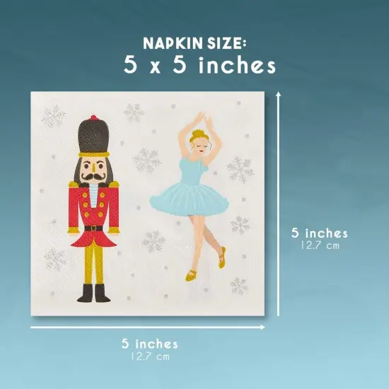 Cocktail Napkins - 100-Pack Disposable Paper Napkins, Christmas Holidays Dinner Party Supplies, 2-Ply, Nutcracker and Ballerina Design, White, Unfolded 10x10 Inches, Folded 5x5 Inches {7}