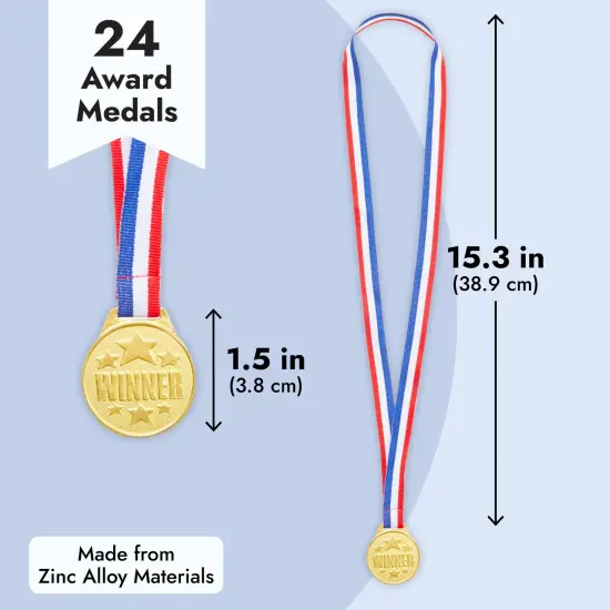 24 Pack Gold Winner Medals for Kids and Adults - Participation Awards with 15.3-Inch Red, White, and Blue Neck Ribbons for Sports, Tournaments, Competitions (Metal, 1.5 In) {5}