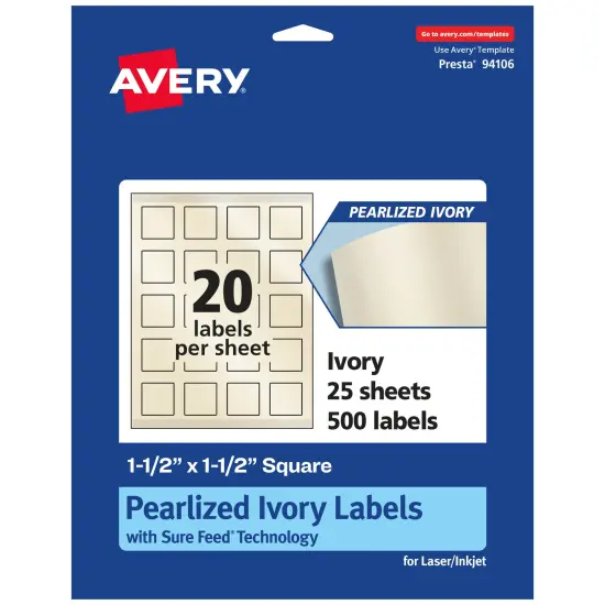 Avery Pearlized Ivory Square Labels with Sure Feed Technology, Print-to-the-Edge, 1.5" x 1.5" {1}