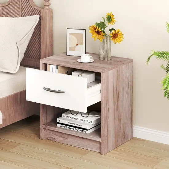 Nightstand with Drawer, Open Shelf, Modern Design and Sturdy Structure Oak {3}