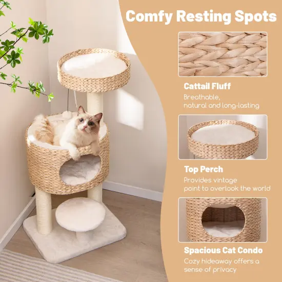 Natural Modern Cat Tower Tree with Fully Wrapped Sisal Scratching Posts {6}