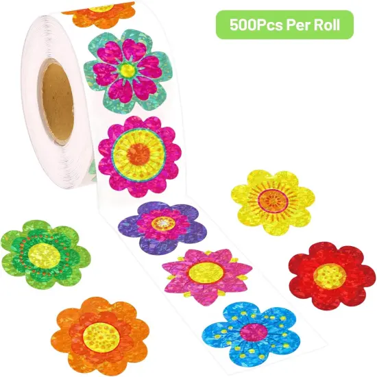 500Pcs Glitter Flower Stickers for Kids Spring Summer Foil Shiny Floral Label Roll Sticker for Envelopes Cards Party Supply Decoration Teacher Reward {2}