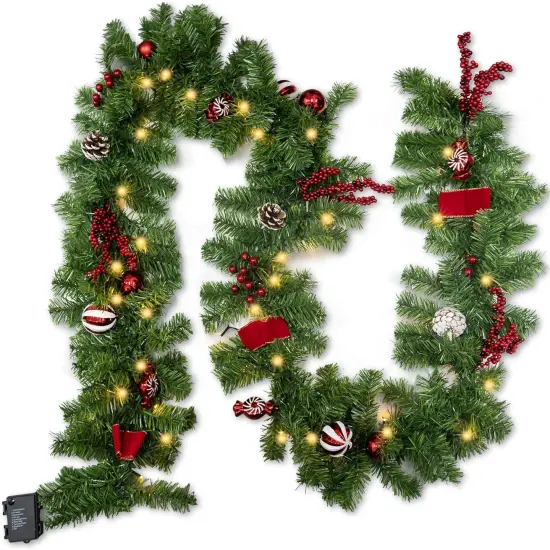 9 FT Artificial Christmas Garland, Pre-Lit 50 LED Battery Operated Lighted {1}
