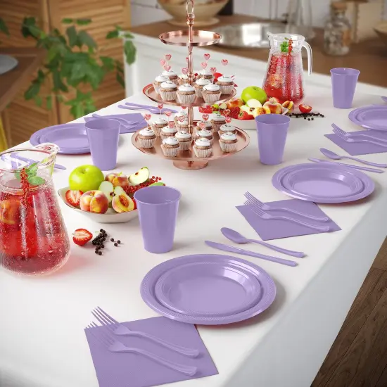 Exquisite 350 Pcs Plastic Plates for Party &ndash; Disposable Plates Set &ndash; 50 Each of 9" Dinner Plates, 7" Dessert Plates, Plastic Cups, Napkins & Plastic Cutlery &ndash; Plastic Dinnerware by Party Solids Lavender {4}