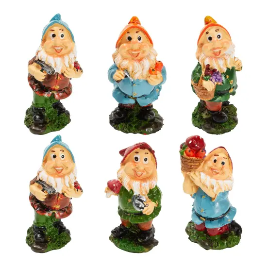 Set of 6 Garden Gnomes for Fairy Garden - 4 Inch Resin Statue Figurines for Home and Spring Yard Decor - Outdoor Patio Decorations {1}