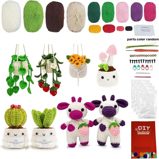 Crochet Kit for Beginners - Complete Amigurumi Craft Set with 8 Hanging Potted Plants & Strawberry Cow Family - Step-by-Step Video Tutorials Included(40%+ Yarn) {1}