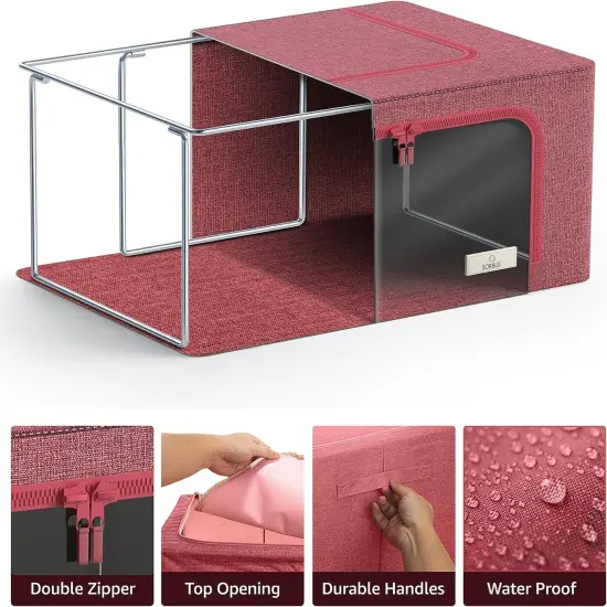Sorbus 1 Pack Storage Bin with Metal Frame - Stackable & Foldable Bedding, Linen, and Clothes Organizer Bags with Window and Handles Pink {2}