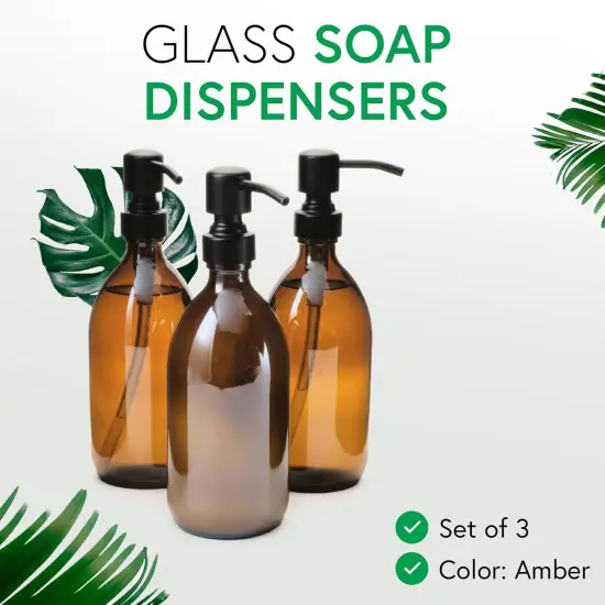 ECO Amenities 3 Pack Amber Glass Soap Dispenser Pump, 16.9 fl oz. (500mL), Modern Vintage Bottles for Bathroom & Kitchen, Ideally Used at Home, Hotel, Gym, Motel, Short Term AirBnb Rental, and VRBO {2}