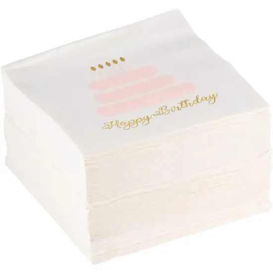 100 Pack Happy Birthday Napkins, 3-ply Gold Foil Disposable Cocktail Paper Napkins, Folded 5 x 5 Inches, Pink and White Cake Design {1}