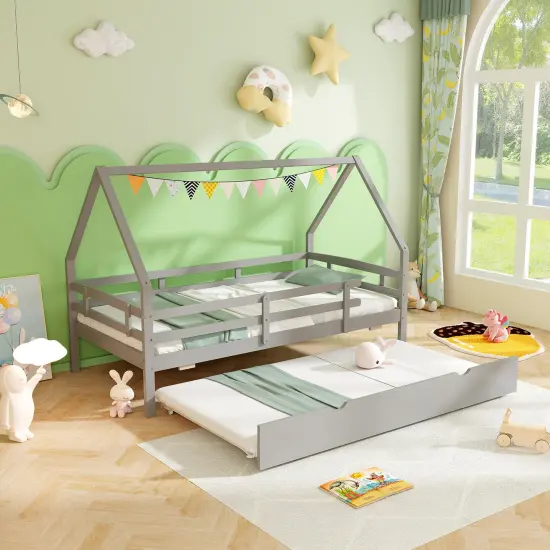 Twin House Bed with Trundle and Fence Rail for Kids Room Gray {2}