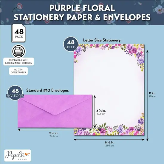Purple Watercolor Floral Stationery Paper and Envelopes Set (8.5 x 11 In, 48 Pack) {2}