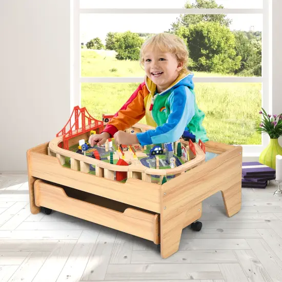 Natural MDF and Wood Train Table with Storage Drawer and 100-Piece Set {3}