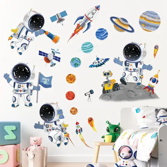 Outer Space Astronaut Wall Decals Rocket Universe Space Planets Wall Stickers Baby Nursery Boys Bedroom Playroom Wall Decor {2}