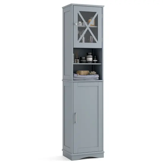 67 Inch Tall Freestanding Bathroom Storage Cabinet with 5 Adjustable Shelves and 2 Open Compartments Gray {3}