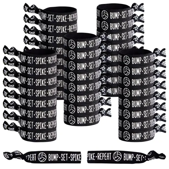 50-Pack Volleyball Hair Ties for Girls, Accessories, Bracelets, Elastic Bands, Bulk Gifts for Team Featuring the Words "Bump - Set - Spike - Repeat" (3.35x0.6 in) Black {1}