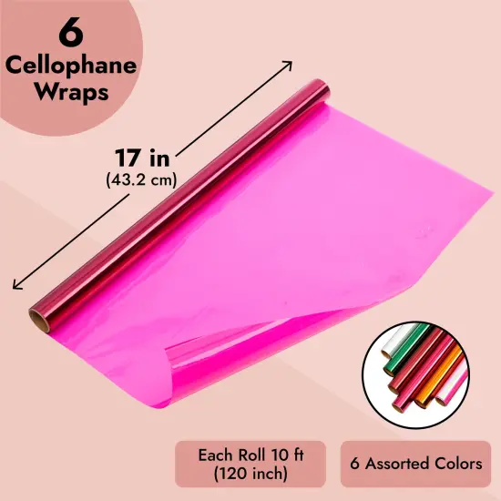 Bright Creations 6 Roll Cellophane Wrap - Transparent Colored Wrapping Paper for Baskets Treats Crafts (17 Inch x 10 Feet) Multicolor {4}