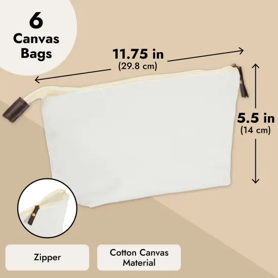 Juvale 6 Pack Canvas Makeup Bags with Zipper - 11.75 x 5.5 In White Cotton Canvas Makeup Bag Set for Toiletries and DIY Crafts {6}