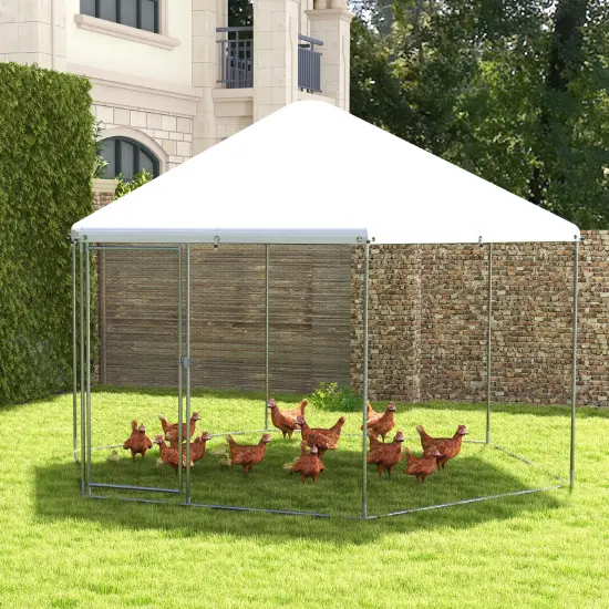 Silver Large Metal Hexagonal Chicken Coop with 210D Oxford Fabric and Lockable Door {2}