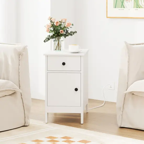 Flip Top Beside End Table with Charging Station Power Outlets and Pull-Out Drawer and Cabinet White {1}