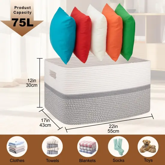 Extra Large Toy Storage Basket, Rectangle Cotton Rope Storage Basket, Blanket Basket Living Room, Woven Baskets for Organizing, 25 x 16 x 16 Inches-Grey/White {6}