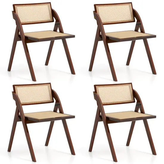 Costway Foldable Dining Chairs Set of 2/4 with Woven Rattan Backrest & Seat Rubber Wood Frame Brown {2}