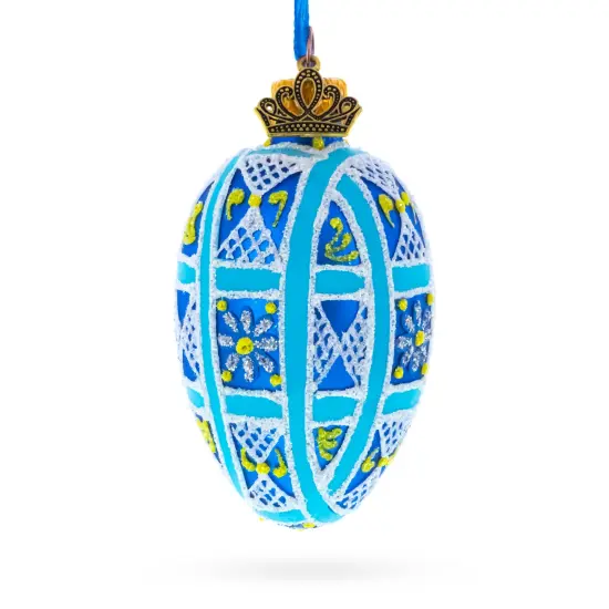 Cobalt Blue and White Geometric Floral Mini Glass Egg Ornament 2.9 Inches {3}