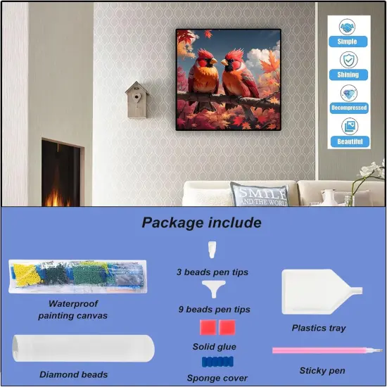 5D Maple Leaf Diamond Art Painting Kits Fall DIY Full Round Drill Bird Diamond Art for Adults Northern Cardinal Diamond Art Painting Crystal Craft Kit {2}