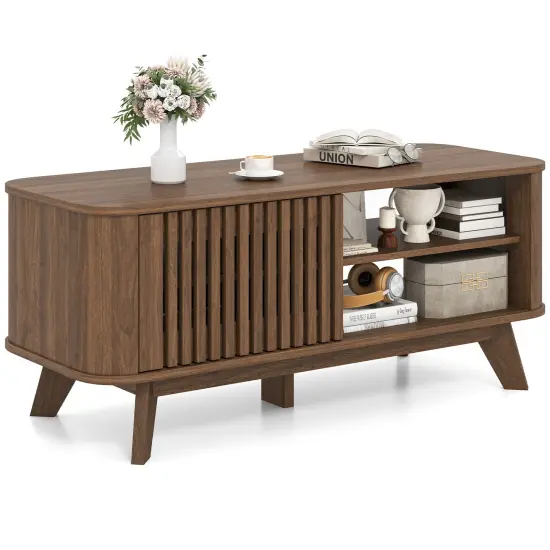 Walnut MDF Coffee Table with Storage Adjustable Shelves and Lattice Doors {4}