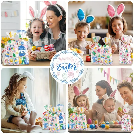 100 Pcs Easter Treat Bags - Happy Easter Gift Bags, Easter Eggs Plastic Cellophane Bag, Clear Colorful Easter Bunny Goodie Candy Favor Bags with Gold Twist Ties for Easter Party Favors Supplies {2}