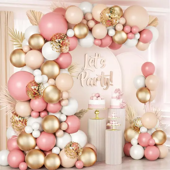 Dusty Pink Blush Balloon Arch Kit, Retro Pink Nude Matte White Metallic Gold Balloons and Gold Confetti Balloons for Boho Engagement Wedding Bridal Shower Birthday Baby Shower Decorations {1}