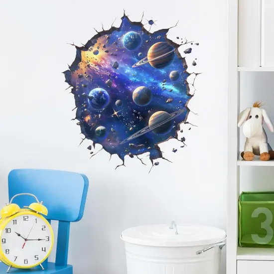 Beautiful Planets Wall Stickers 3D Universe Outer Space Nursery Broken Wall Wall Decals for Kid Boy Removable Peel and Stick Wall Art Home Decor Decoration for Preschool Living Room Bedroom {3}