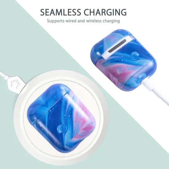 For Apple AirPods 2 / 1 Case, Blue and Pink Marble Protective Cover with Keychain for Women Men {4}