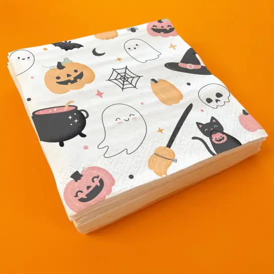 Big Dot of Happiness Pastel Halloween Party Napkins, Pink Pumpkin Birthday Party Decor, White 3-Ply Paper Beverage Napkins - 24 Count {4}