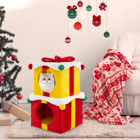 2 Gift Box Shaped Cute Christmas Cat House with 2 Spacious Condos Ideal for Indoor Cat {6}