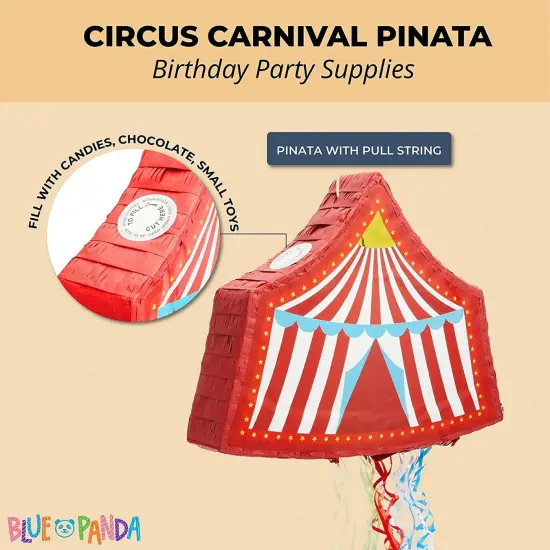 Pull String Circus Pinata - Carnival Theme Party Decorations for Birthday (Small, 16.5x3x13 In), For Ages 3+ Red {3}