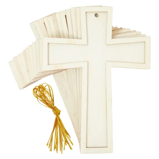 12 Unfinished Small Wooden Crosses with Gold String for DIY Crafts, Wood Cross Ornaments for Easter Tree (3.8 x 5 In) {1}
