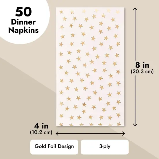 50 Pack Gold Star Party Napkins - Disposable White and Gold Dinner Napkins for Birthday, Graduation (3-Ply, 4x8 In) {3}