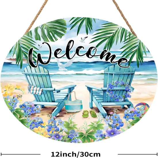 Sea Chair Front Door Sign Flower Wall Hanging Round Door Hanger Farmhouse Coastal Beach Wooden Wreath for Front Door Hello Summer Outdoor Porch Decor 12"X12" {2}