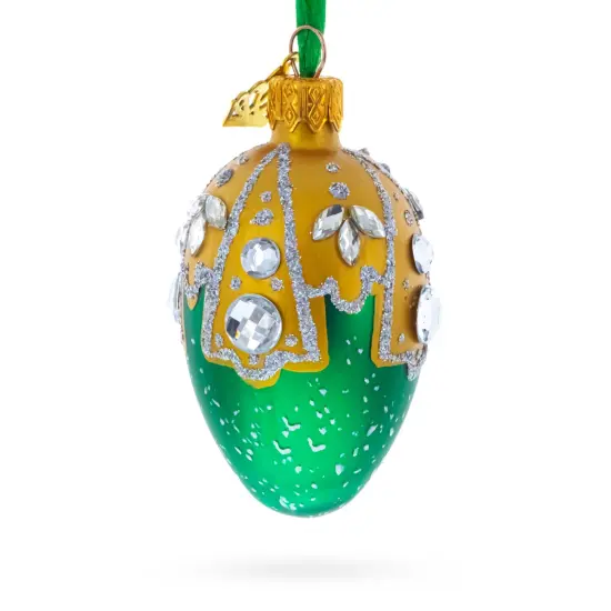 Green with Gold and Clear Jewel Accents Mini Glass Egg Ornament 2.9 Inches {4}