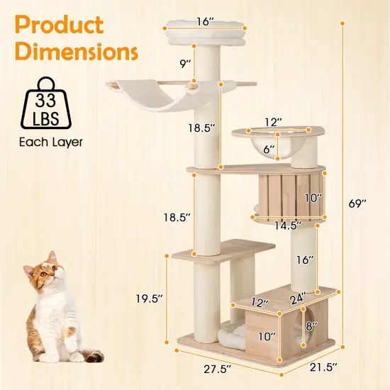 69 Inches Tall Cat Tree with Cozy Top Perch and Washable Plush Cushions {5}