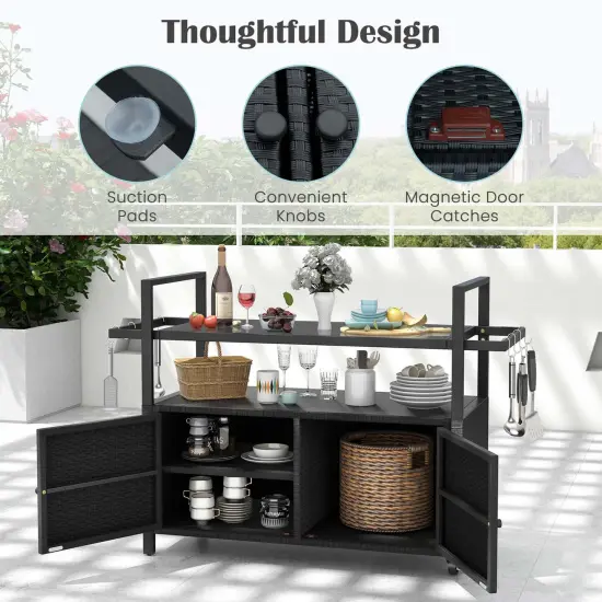 Costway Outdoor Bar Cart with Tempered Glass Top Storage Cabinet & 8 Hooks for Porch {6}