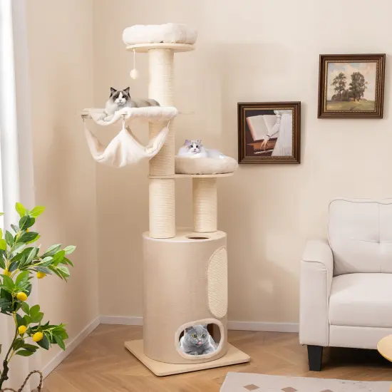 74 Inches Tall Wooden Cat Tower Tree with 4 Scratching Posts and 4 Cat Holes {2}
