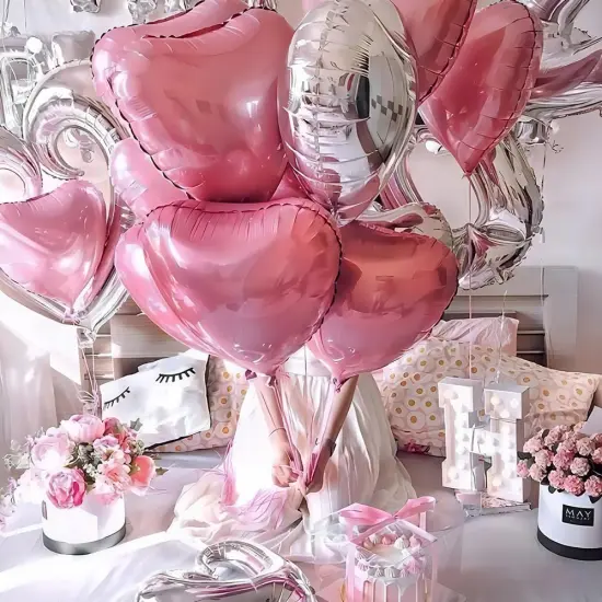 Pink Silver Heart Foil Balloons(12 pcs),18 Inch Love Valentine Balloon Silver Heart Romantic Balloon for Valentines Propose Marriage Wedding Bridal Shower Engagement Party Decorations {3}