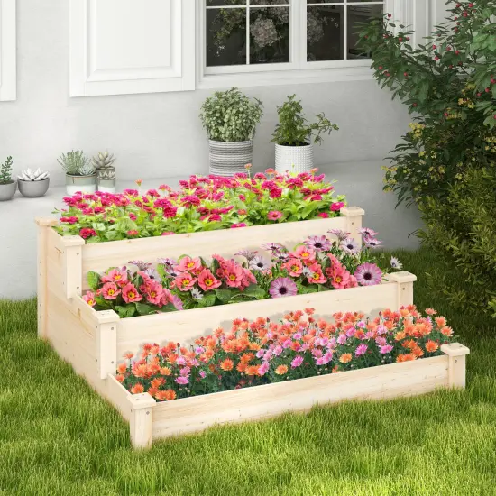 Natural Fir Wood 3-Tier Garden Bed Planter with Open Base, Reinforced Corners and Easy Assembly {6}