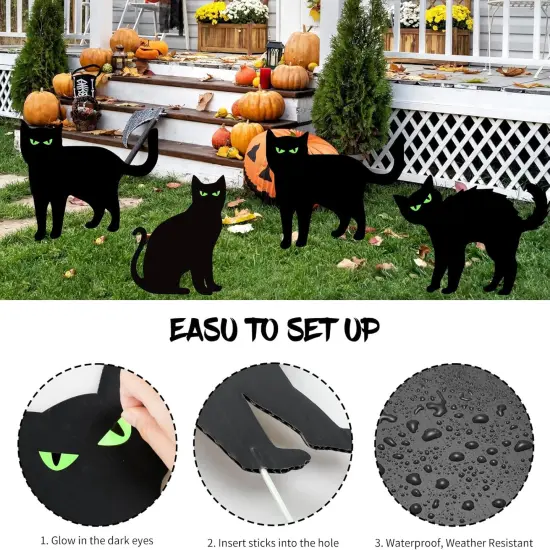 Halloween Decorations Outdoor, 6ct Black Cat Decor Yard Signs with Stakes, Scary Silhouette with Glow in Dark Eyes, Corrugated Plastic, Waterproof Lawn Decorations for Kids Family Home Party {5}