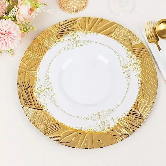6 Metallic Gold 13" Round Acrylic CHARGER PLATES Embossed Tropical Leaves Party {2}